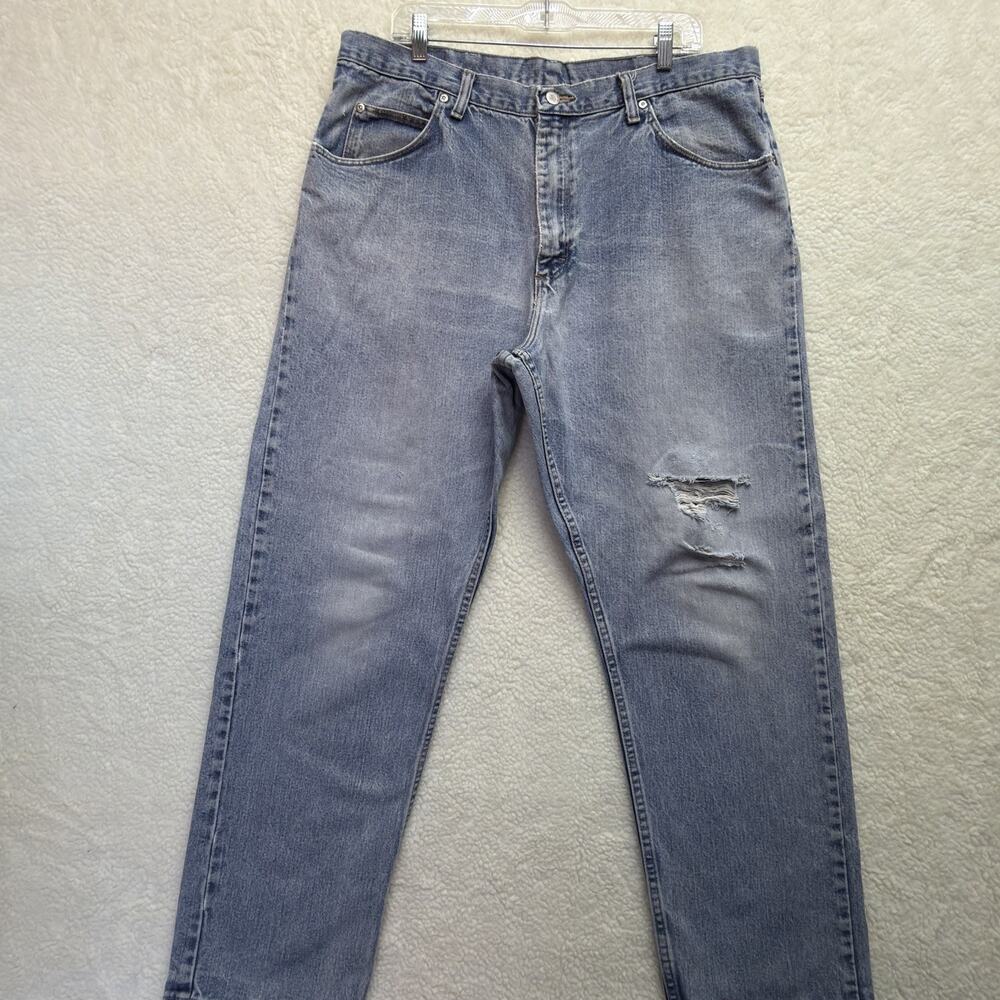Vintage 38x32 Light Wash Distressed 100% Cotton Denim Mens Wrangler
